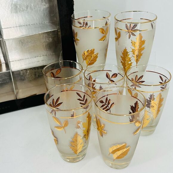 7 Vintage 60s Libbey Frosted Gold Autumn Leaves High Ball Water Glasses NIB MCM - Picture 2 of 14